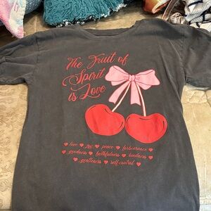 Womans Graphic Tee - Gray Short Sleeve with Pink Bow & Red Cherries
